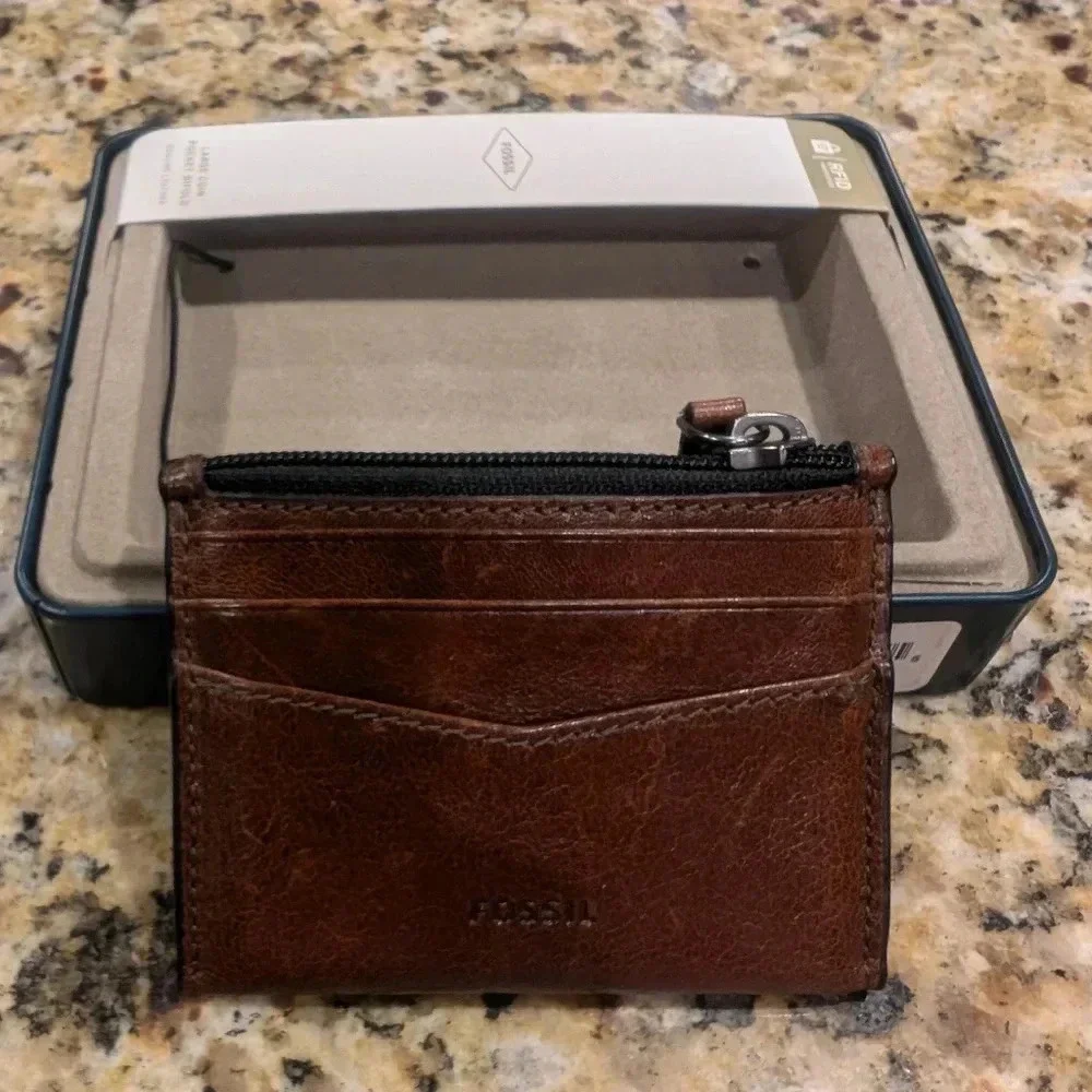 ⚡New! Fossil Mens Andrew Leather Minimalist Zip Card Case Wallet w Gift Box Tin